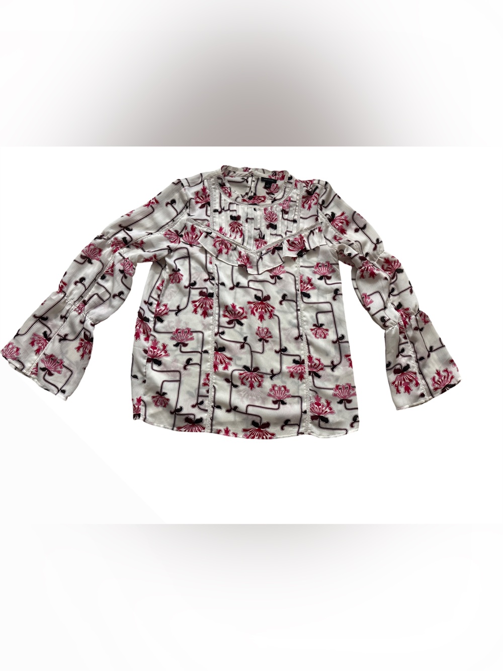 Ann Taylor Pink Floral Ruffle-Trim Long Sleeve Blouse